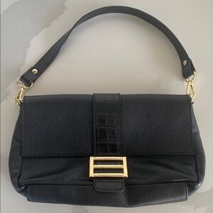 Black Leather Shoulder Handbag with Gold Accents
